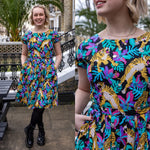 Black Tiger Lily Print Cotton Tea Dress with Pockets by Run and Fly