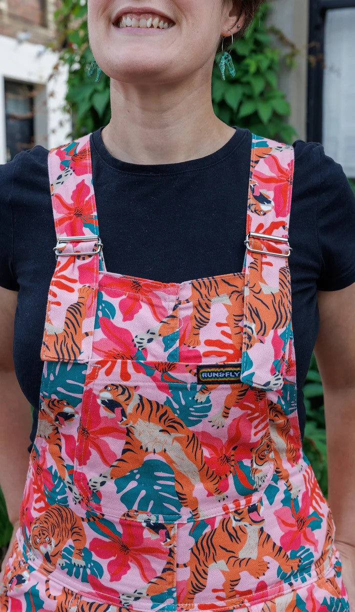 Pink Tiger Lily Print Stretch Twill Cotton Dungarees by Run and Fly