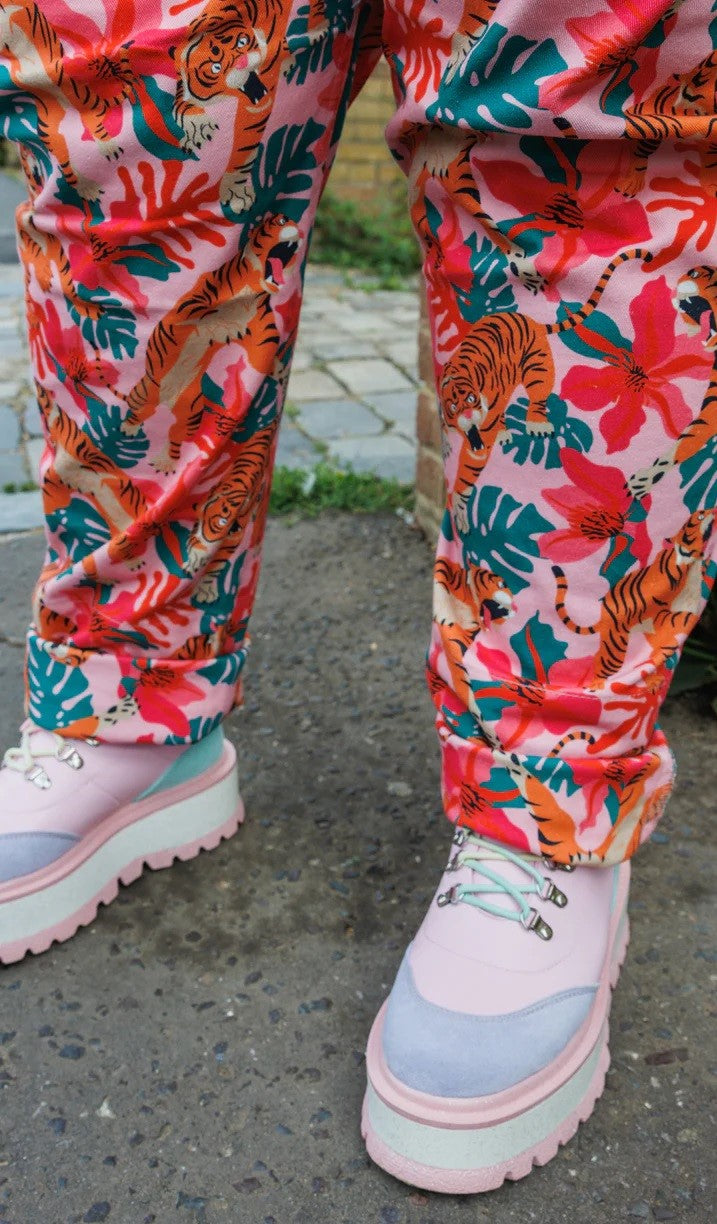 Pink Tiger Lily Print Stretch Twill Cotton Dungarees by Run and Fly