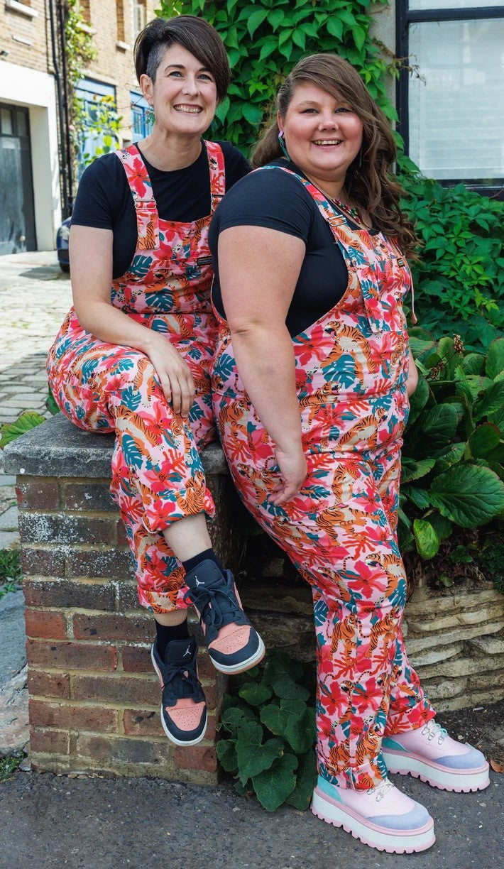 Pink Tiger Lily Print Stretch Twill Cotton Dungarees by Run and Fly