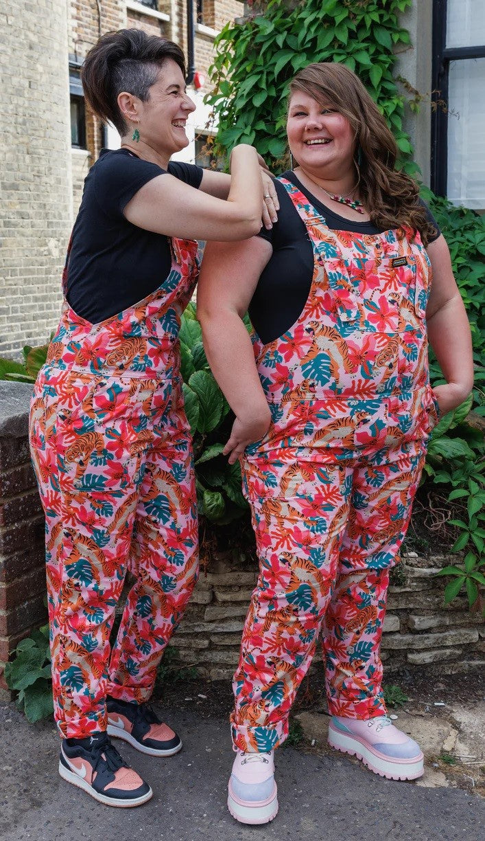 Pink Tiger Lily Print Stretch Twill Cotton Dungarees by Run and Fly