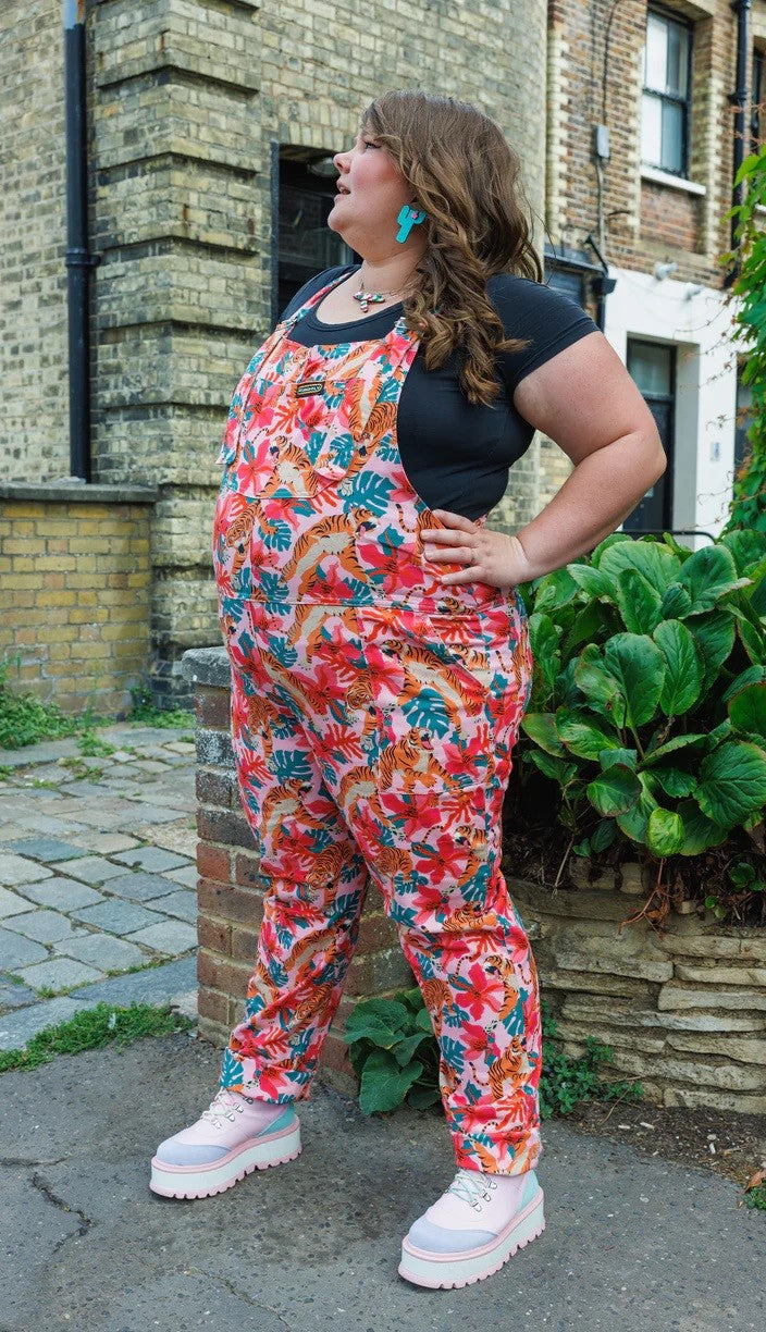 Pink Tiger Lily Print Stretch Twill Cotton Dungarees by Run and Fly