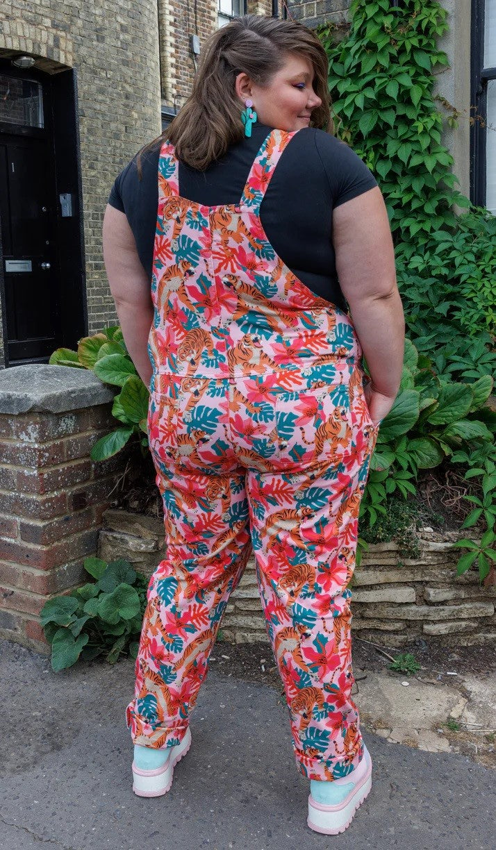 Pink Tiger Lily Print Stretch Twill Cotton Dungarees by Run and Fly