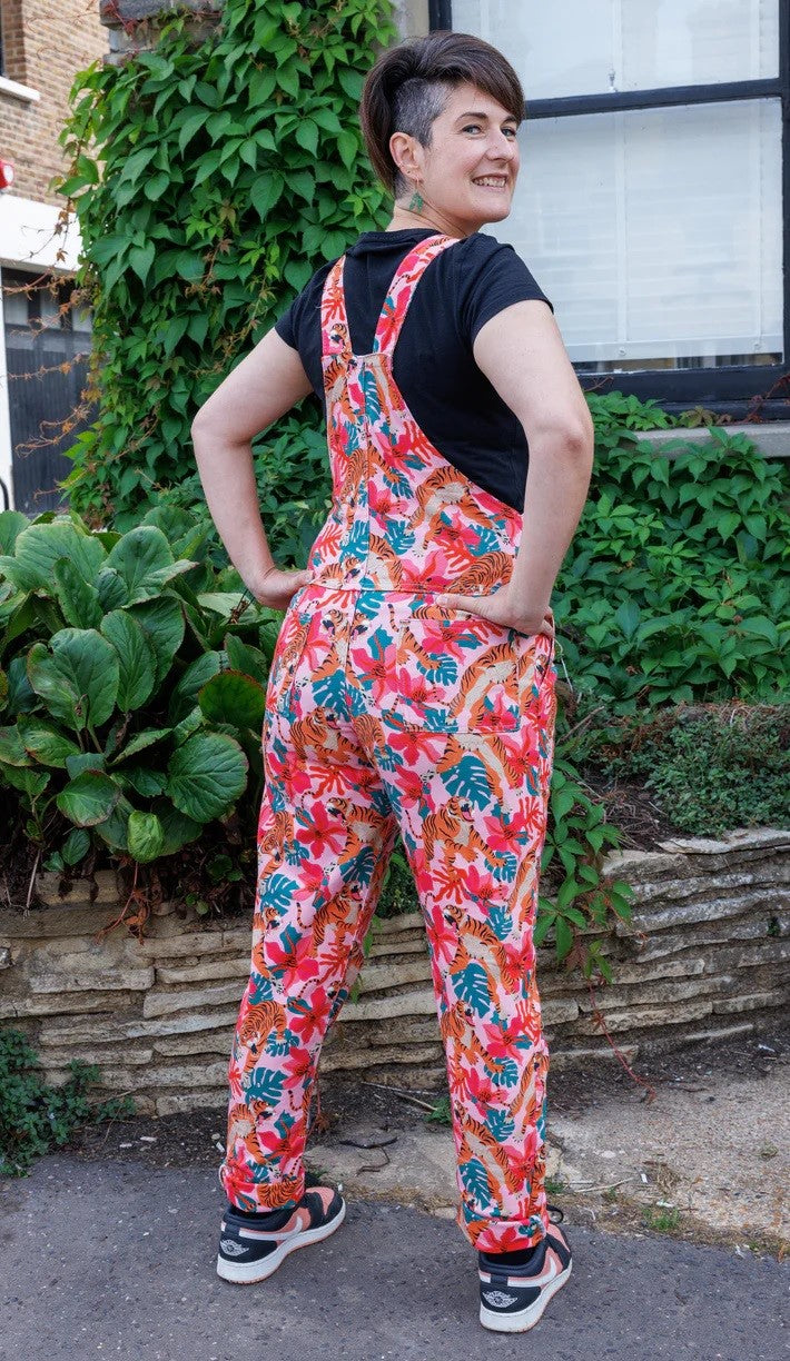 Pink Tiger Lily Print Stretch Twill Cotton Dungarees by Run and Fly