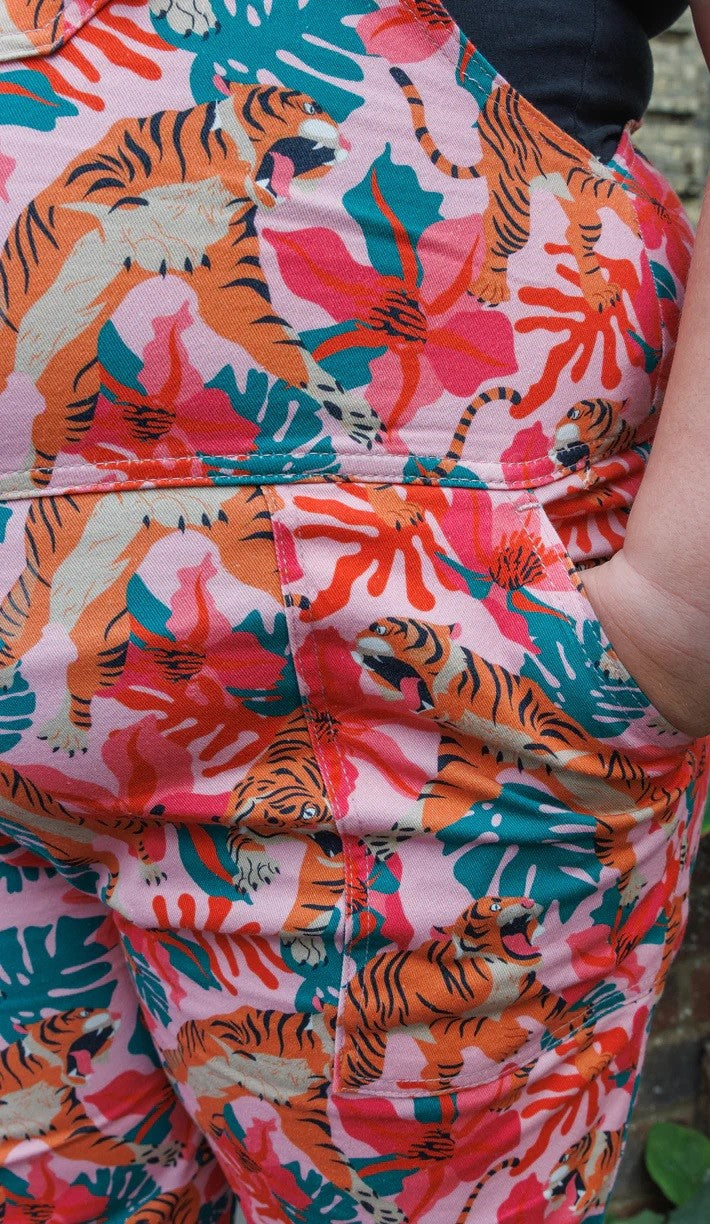 Pink Tiger Lily Print Stretch Twill Cotton Dungarees by Run and Fly