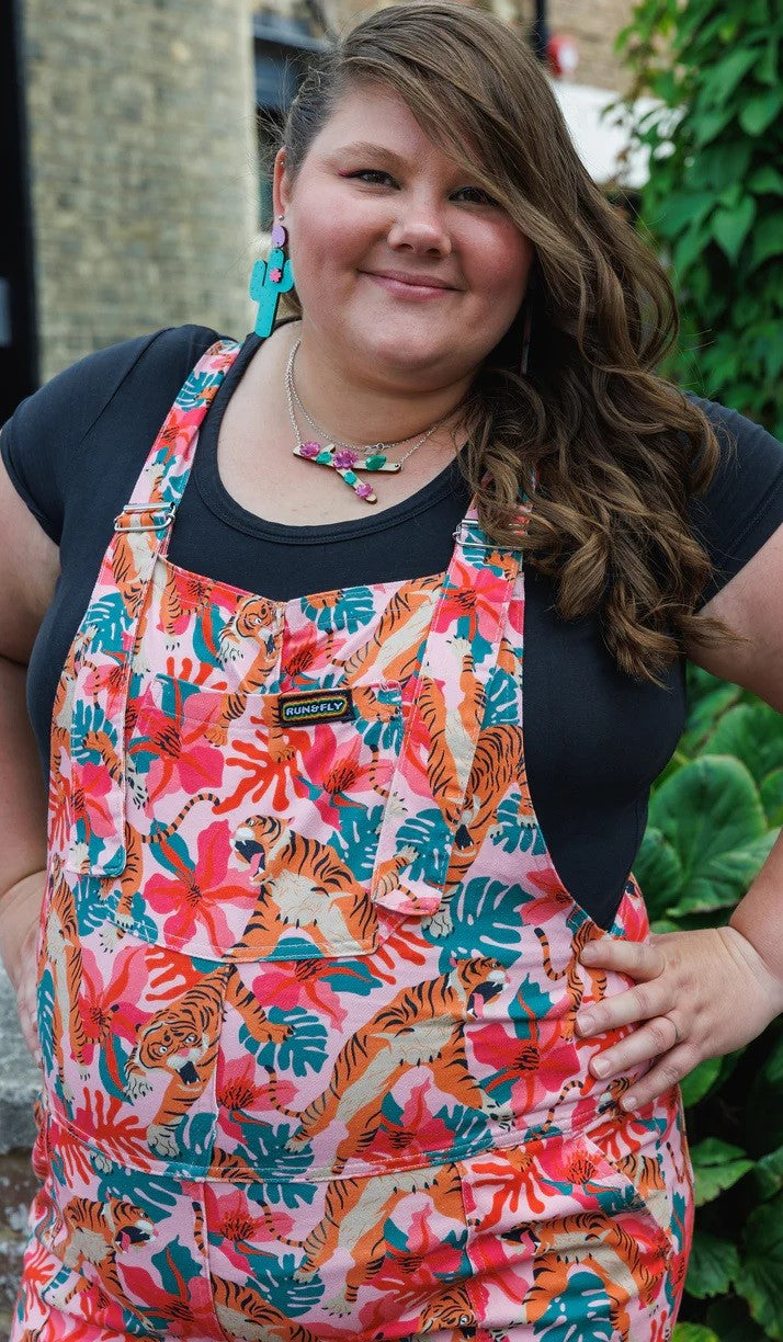 Pink Tiger Lily Print Stretch Twill Cotton Dungarees by Run and Fly