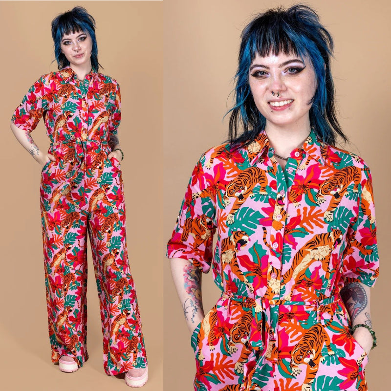 Pink Tiger Lily Print Jumpsuit by Run and Fly