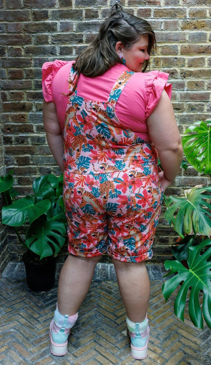 Pink Tiger Lily Stretch Twill Cotton Shorts Dungarees by Run and Fly