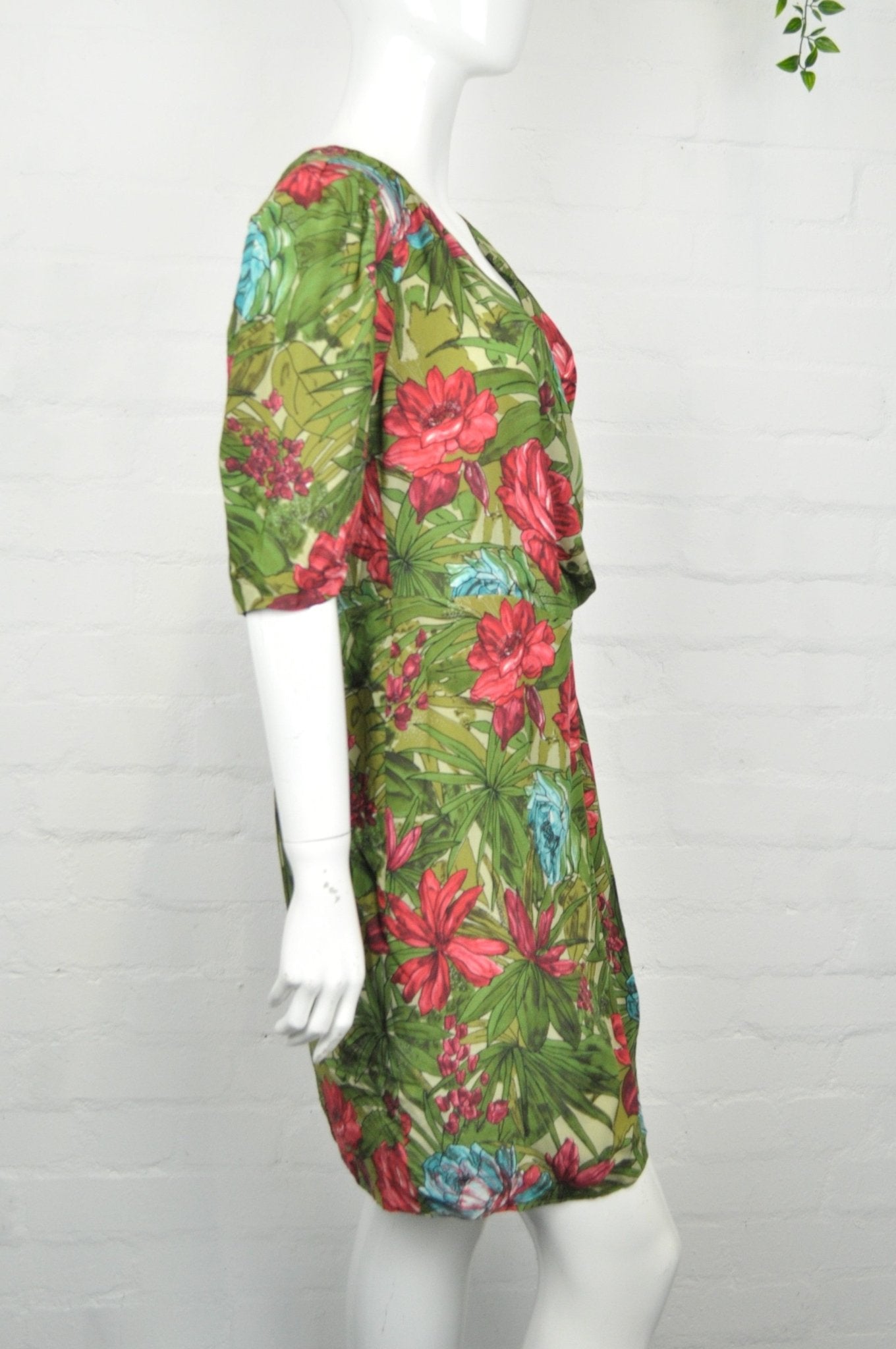 Vintage 70's 80's Green Floral Wrap Effect Dress 12 - Minimum Mouse