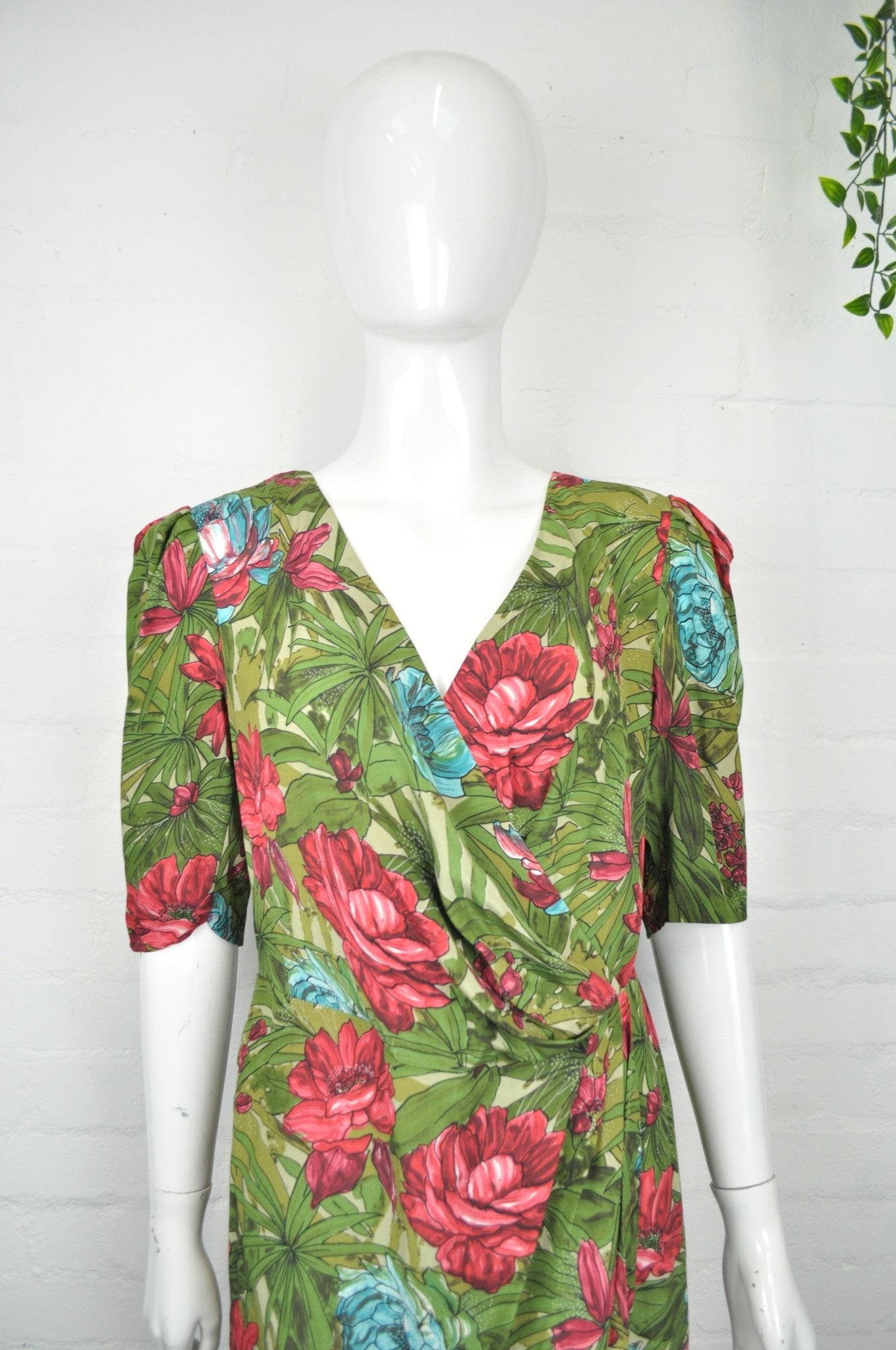 Vintage 70's 80's Green Floral Wrap Effect Dress 12 - Minimum Mouse
