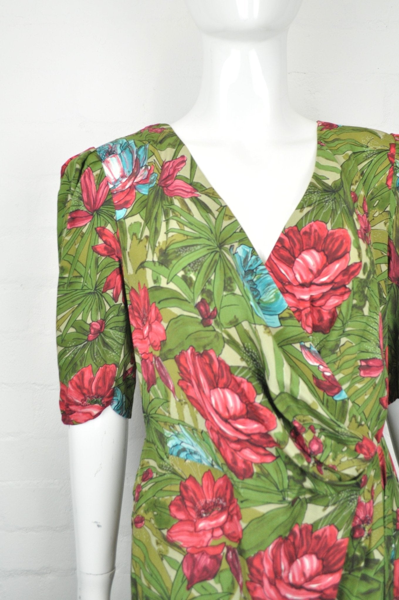 Vintage 70's 80's Green Floral Wrap Effect Dress 12 - Minimum Mouse
