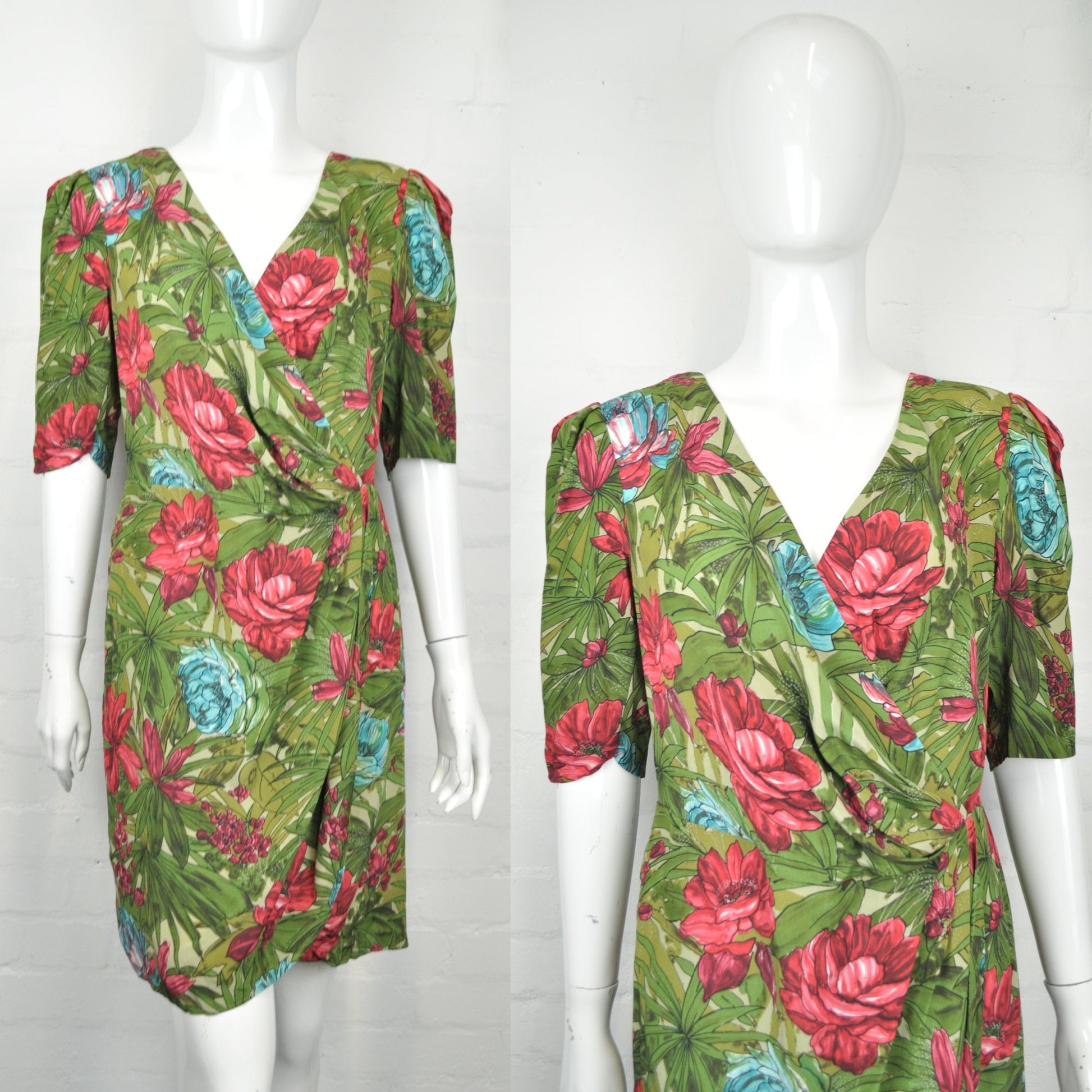 Vintage 70's 80's Green Floral Wrap Effect Dress 12 - Minimum Mouse