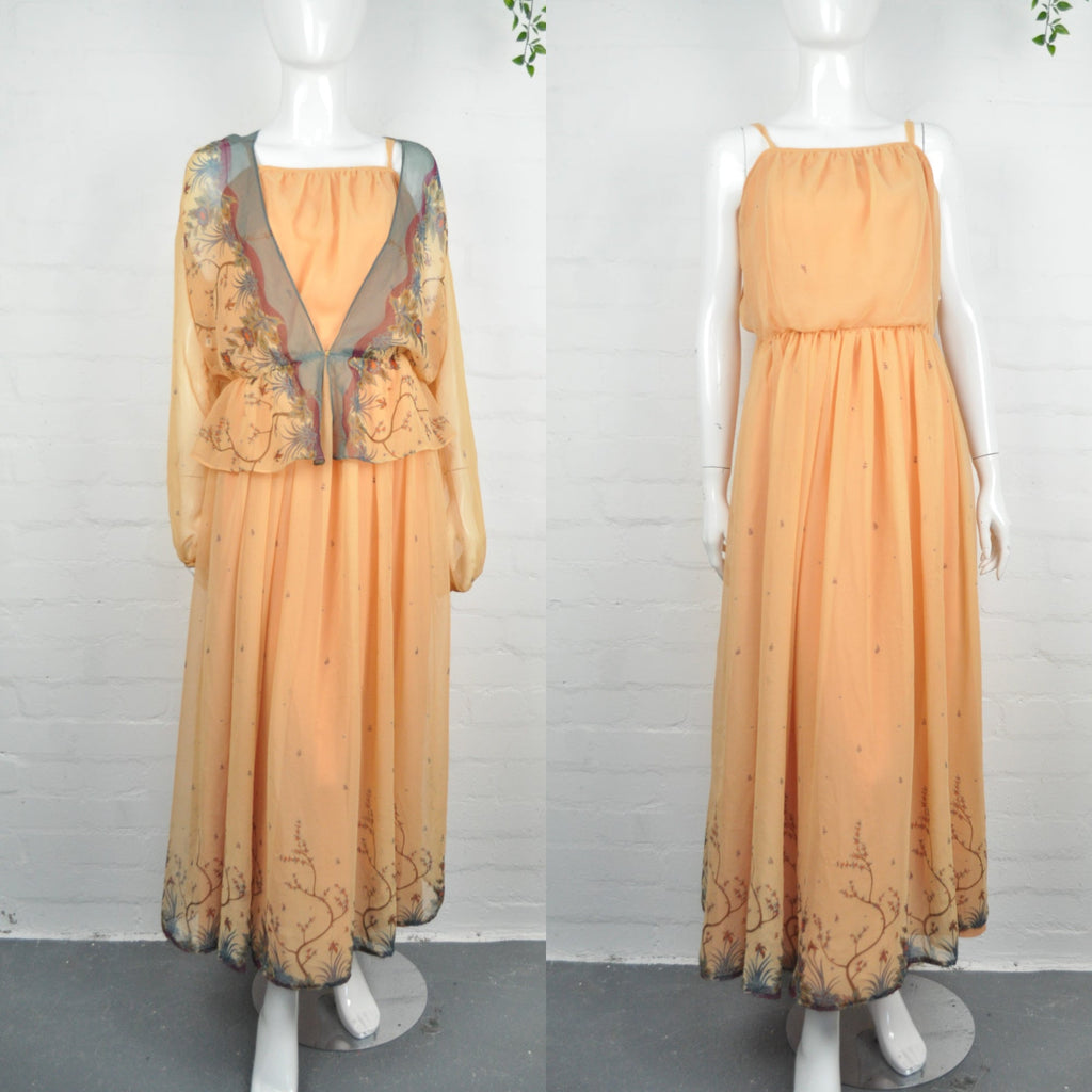 Vintage 70's Peach Maxi Dress and Jacket 10-12 - Minimum Mouse