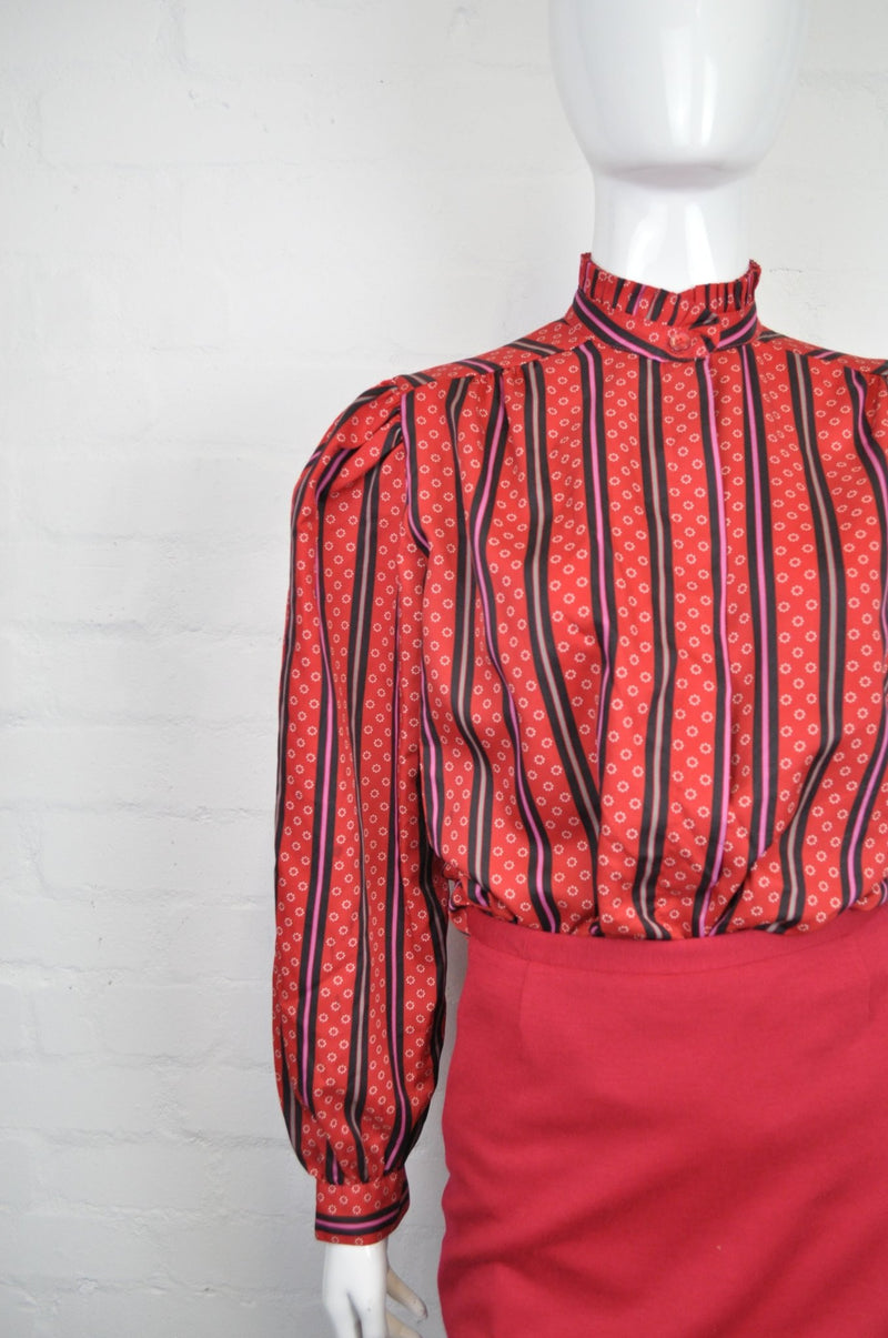 Vintage 80's Frill Collar Red Stripe Blouse 12 - Minimum Mouse