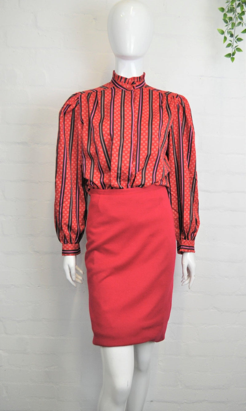 Vintage 80's Frill Collar Red Stripe Blouse 12 - Minimum Mouse