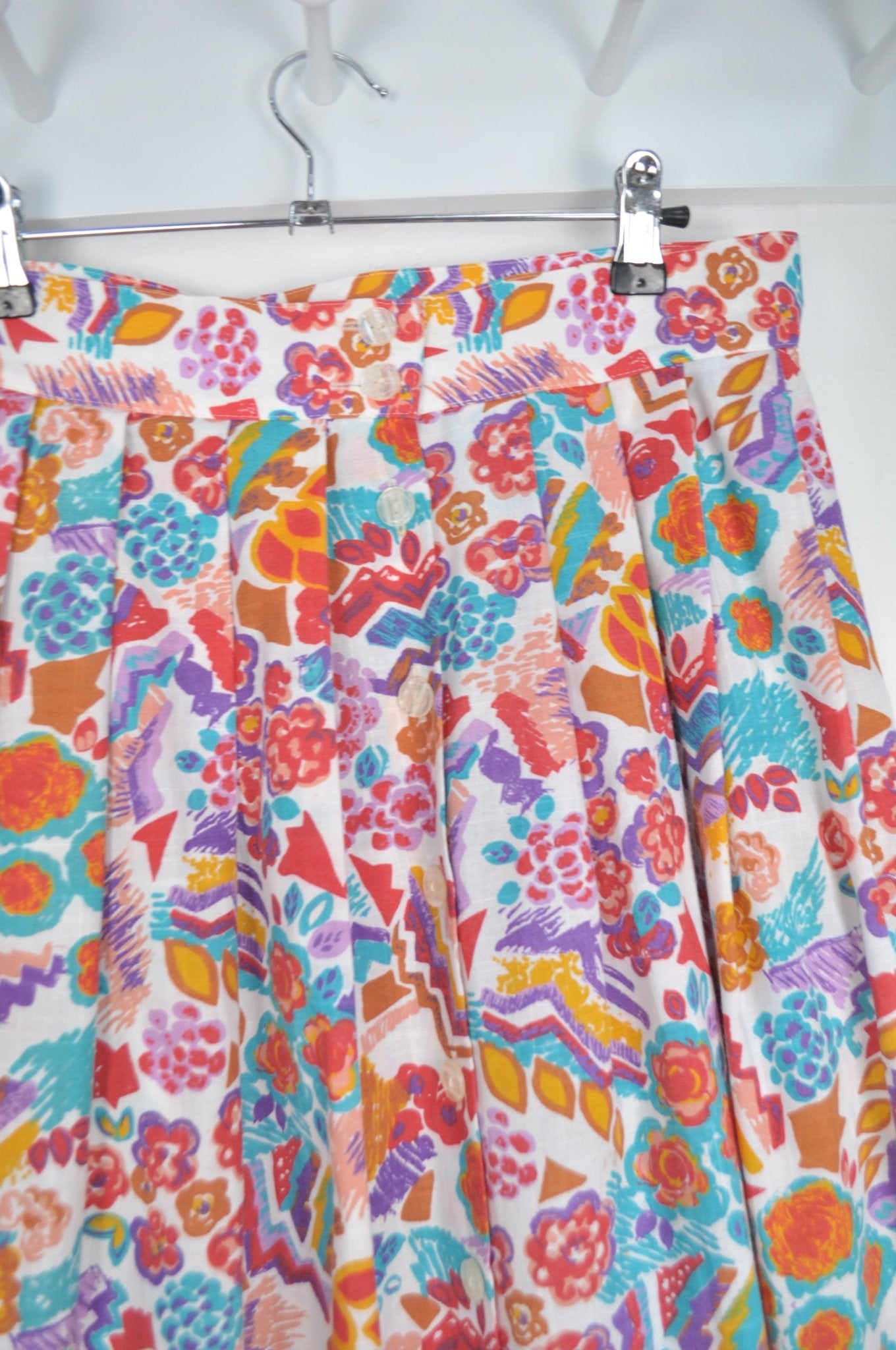 Vintage 80's Graphic Tropical Print Pleated Midi Skirt 10-12 - Minimum Mouse