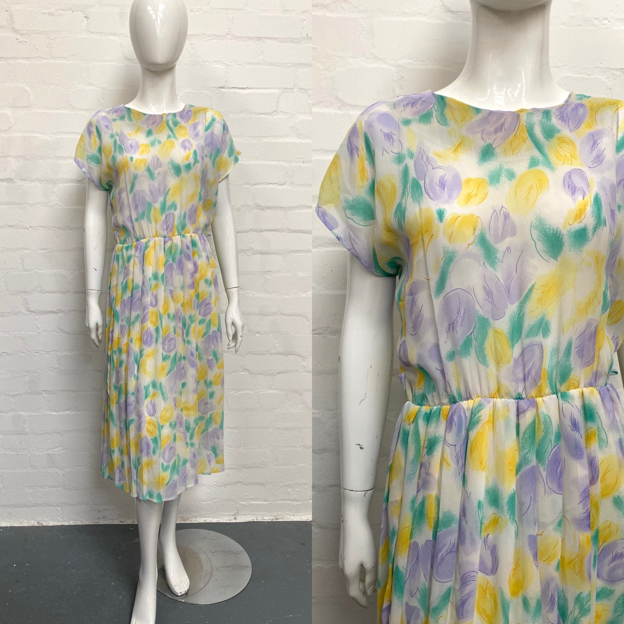 Vintage 80 s Purple Yellow Floral Day Dress 12 14 Original True Minimum Mouse