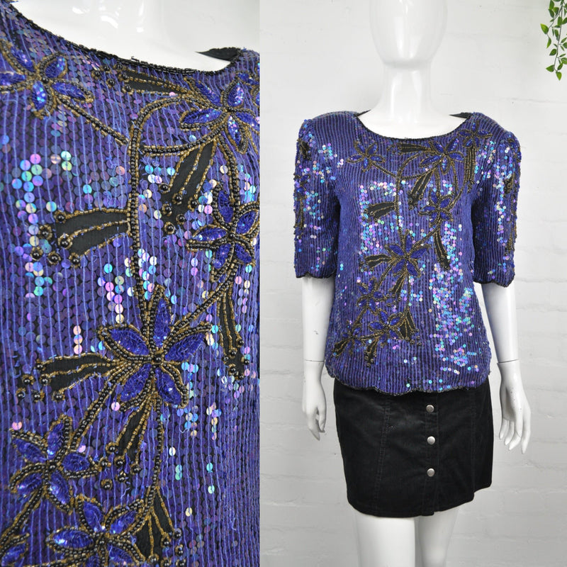 Vintage 80's Midnight Blue Sequin Top 8-10 - Minimum Mouse