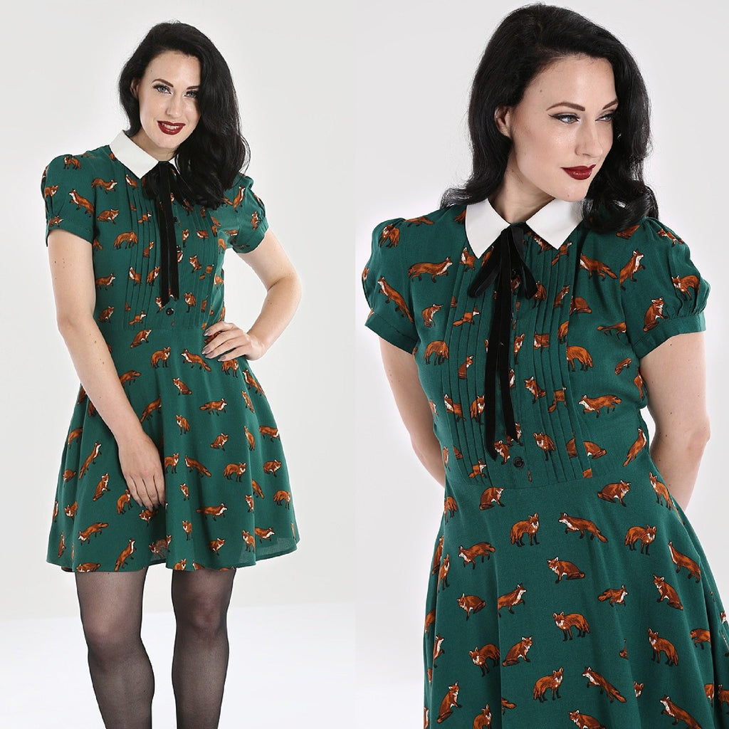 Vixey Fox Print Dress by Hell Bunny in Green - Minimum Mouse