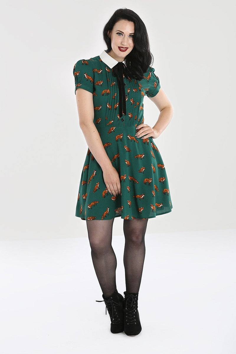 Vixey Fox Print Dress by Hell Bunny in Green - Minimum Mouse