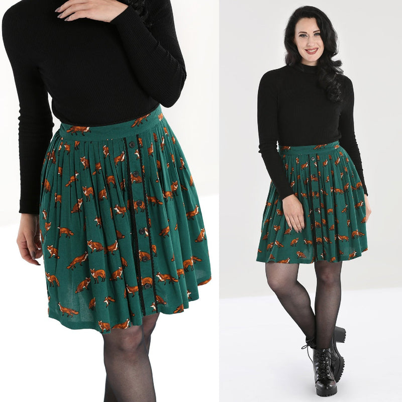 Vixey Fox Print Skirt by Hell Bunny in Green - Minimum Mouse