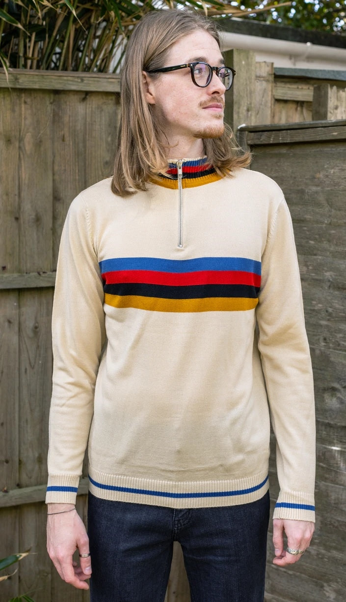 Zip Neck Stripe Jumper by Run and Fly in Beige